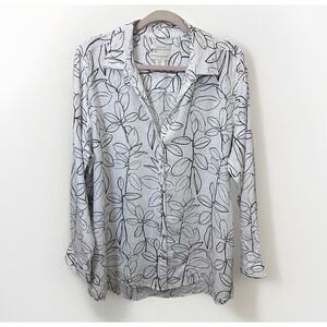 Cynthia Rowley 100% Linen Tunic Blouse Floral White Black Roll Tab Sleeve XL